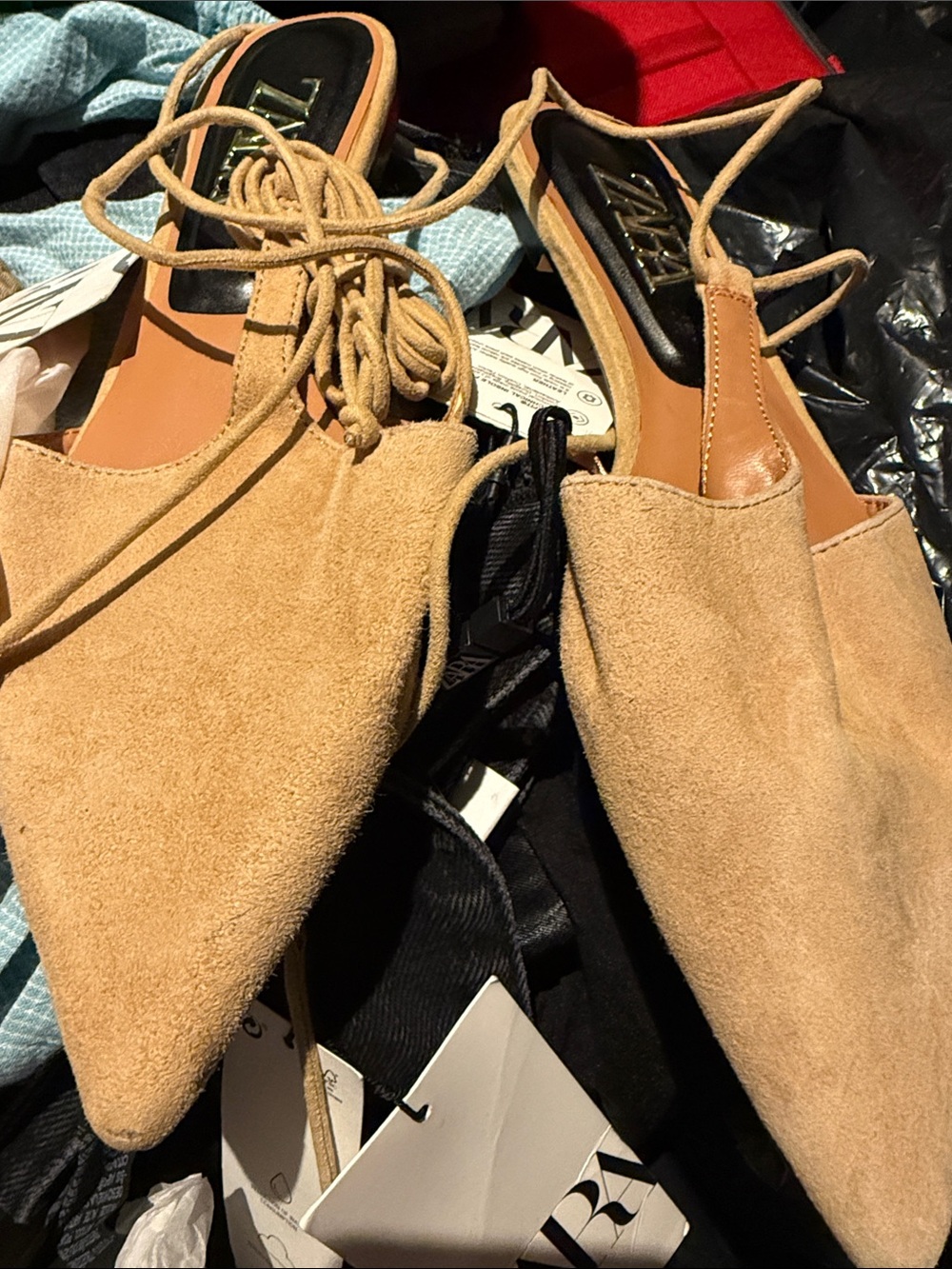 Zara tan color tied leather pointed mules - Picture 7 of 8